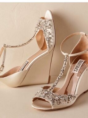 Badgley Mischka Champagne Crystal-Embellished T-Strap Heels - Worn only once!!